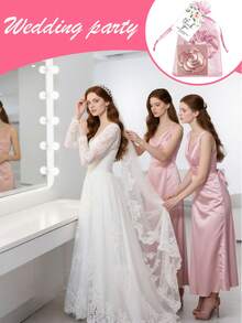 4件套粉色玫瑰折叠化妆镜及发圈套装，包含感谢卡和束口袋，适合作为新娘婚礼回礼、单身派对礼物、生日礼物、返校礼物、母亲节礼物、情人节礼物、发圈、发绳。 - 彩色 - 查看 3