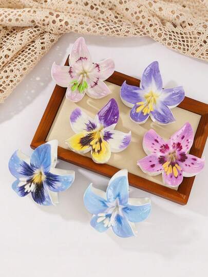 1pc/6pcs Floral Print Bohemian ABS Plastic (ABS Resin) 2026 New Plumeria Beach, Travel, Party, Vacation, Back To School Season Sweet Claw Clip Hair Accessories