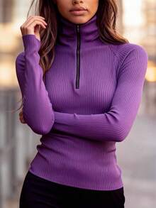 Purple High Neck Zip-Up Knit Sweater | Slim Fit, Warm & Stretchy | Minimalist Zip Design, Versatile Layering Piece | Suitable For Office, Commute, Urban Casual, Autumn/Winter - Purple - View 5