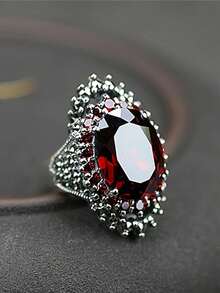 2026 New Collection Of Fine JewelryRetro Exaggerated Design Elegant Women's Fashion Oval Artificial Synthetic Red Garnet Ring Classic Design Women's Engagement And Proposal Ring Birthday Party Anniversary Gift Cocktail Banquet Jewelry High-End Accessories - 藍色 - 查看 7