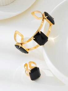 Bộ 2 món trang sức sang trọng, thời trang, thiết kế độc đáo hình vuông bằng kim loại đính đá giả + 1 chiếc nhẫn điều chỉnh được, thanh lịch, thích hợp cho phụ nữ đeo hàng ngày và làm quà tặng. - màu đen - Xem 7