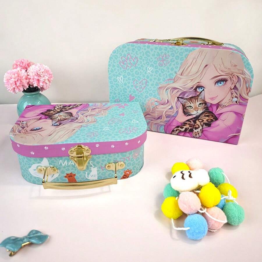 2pcs Pink Cherry Design Creative Capacity Plaid Paper Storage Gift Box, Girly Pink Multi-Pattern Layered Jewelry Toy Storage Box, Ideal Birthday Wedding Gift - Multicolor - View 1