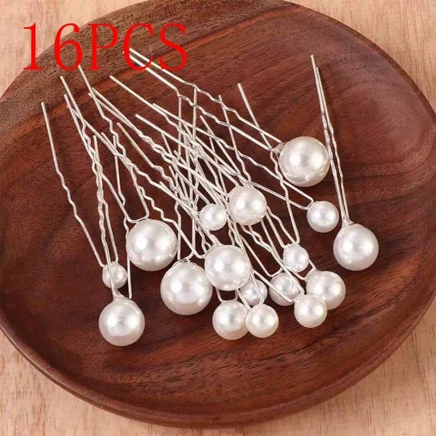 16pcs/Set Bridal Pearl Wave Hair Clips For Women, Bun Extension, Hair Styling Pins - 16 Pieces Of Silver Hairpins - View 1