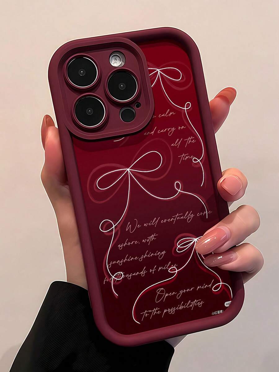 Estuche para teléfono con diseño de lazo elegante Compatible con estuches para teléfonos 17 16 Pro Max 15 Pro Max 13 y 12 Estuche para teléfono de TPU de cobertura total a prueba de golpes engrosado Una opción elegante para familiares, amigos, seres queridos, novios/novias y regalos de Año Nuevo - Burdeos - Ver 1