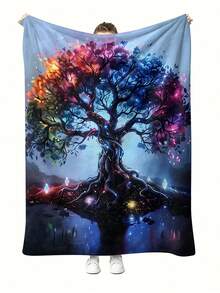 1pc Vibrant Colorful Tree In Misty Background Pattern Printed Blanket Snuggly Flannel Throw For Karaoke Booths Or Singing Corners - White - View 1