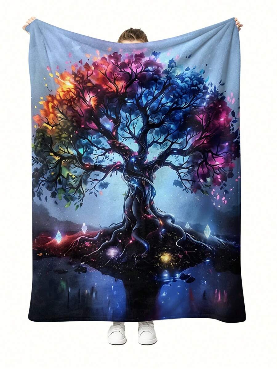 1pc Vibrant Colorful Tree In Misty Background Pattern Printed Blanket Snuggly Flannel Throw For Karaoke Booths Or Singing Corners - White - View 1