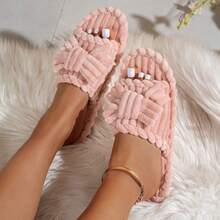 女士优雅蝴蝶结布艺贴花拖鞋，时尚休闲室内鞋，秋冬款 - 粉色 - 查看 3