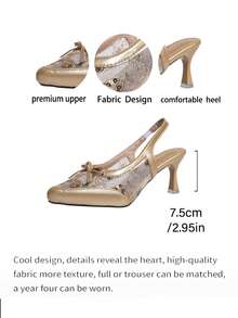 女士优雅蕾丝尖头蝴蝶结高跟凉鞋，时尚夏季派对婚礼高跟鞋 - 金色 - 查看 9