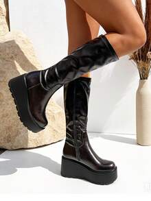 TULIPANO Women's High Boots With High Platform For Winter And Autumn High Quality Slim-Fit Boots With Thick Soles Punk Style With Round Toe, Women's High Boots In Autumn And Winter In New Design, Slim-Fitting With Thick Soles And Increasing Punk Style With High Quality Round Toe - 咖啡棕 - 查看 5