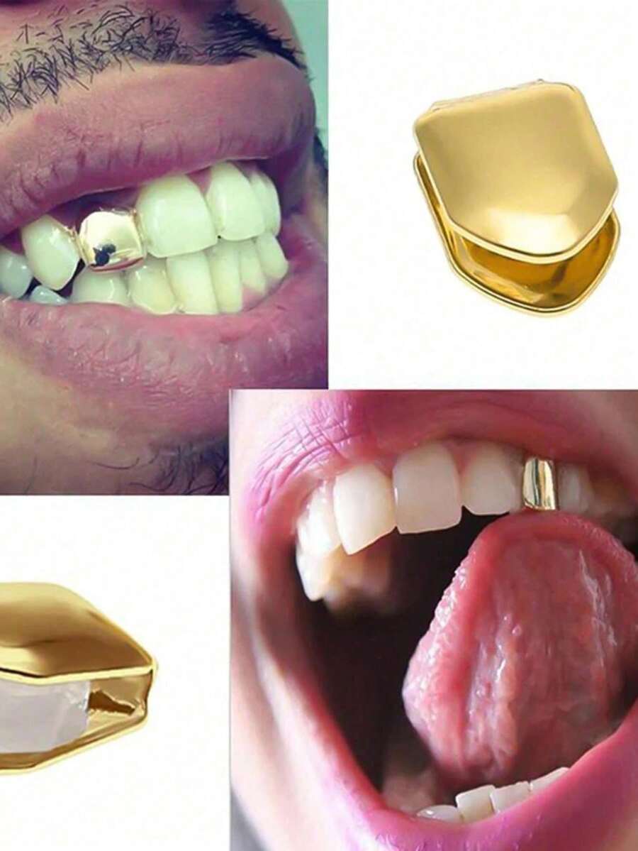 Colección 2026 de joyería fina - Set de 2 piezas de dientes de oro liso con corazón hueco y diamante, moda callejera diaria y fresca - Oro-8 - Ver 1