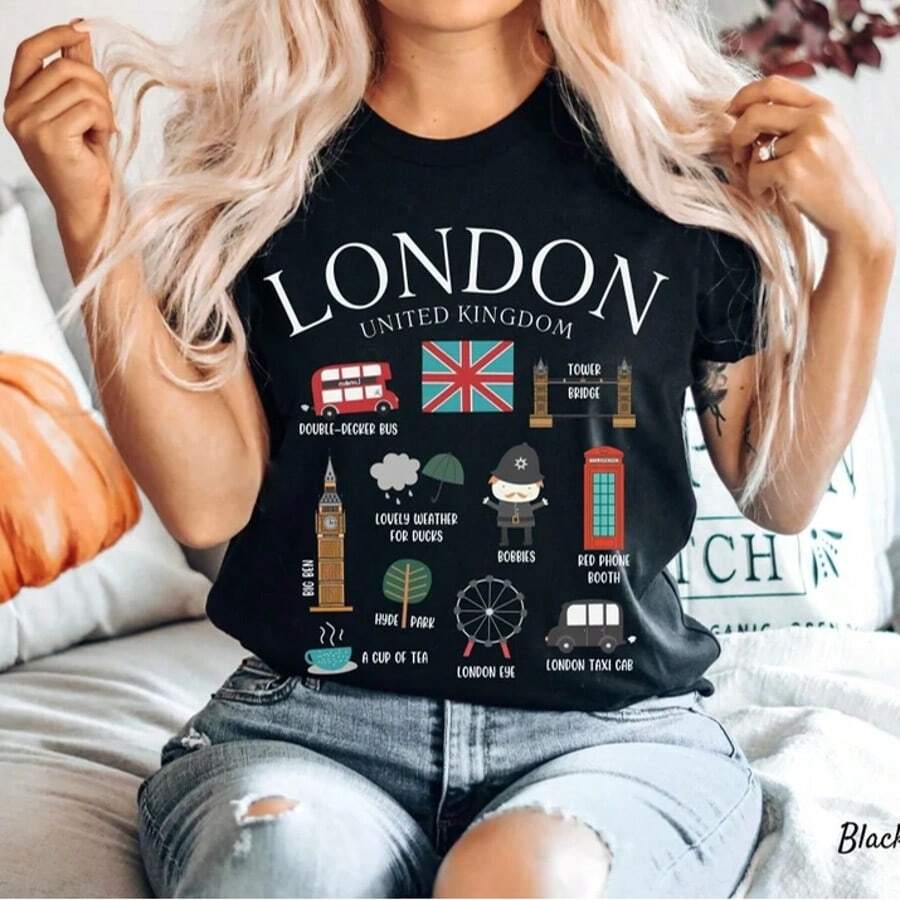 London Shirt, England Landmarks T-Shirt, Unisex - 黑色 - 查看 1