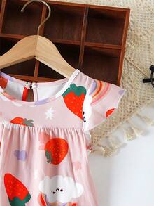 Baby Girls' Rainbow Strawberry Print Dress, Cap Sleeve Fashionable Cute Princess Dress, Summer - Pink - View 4