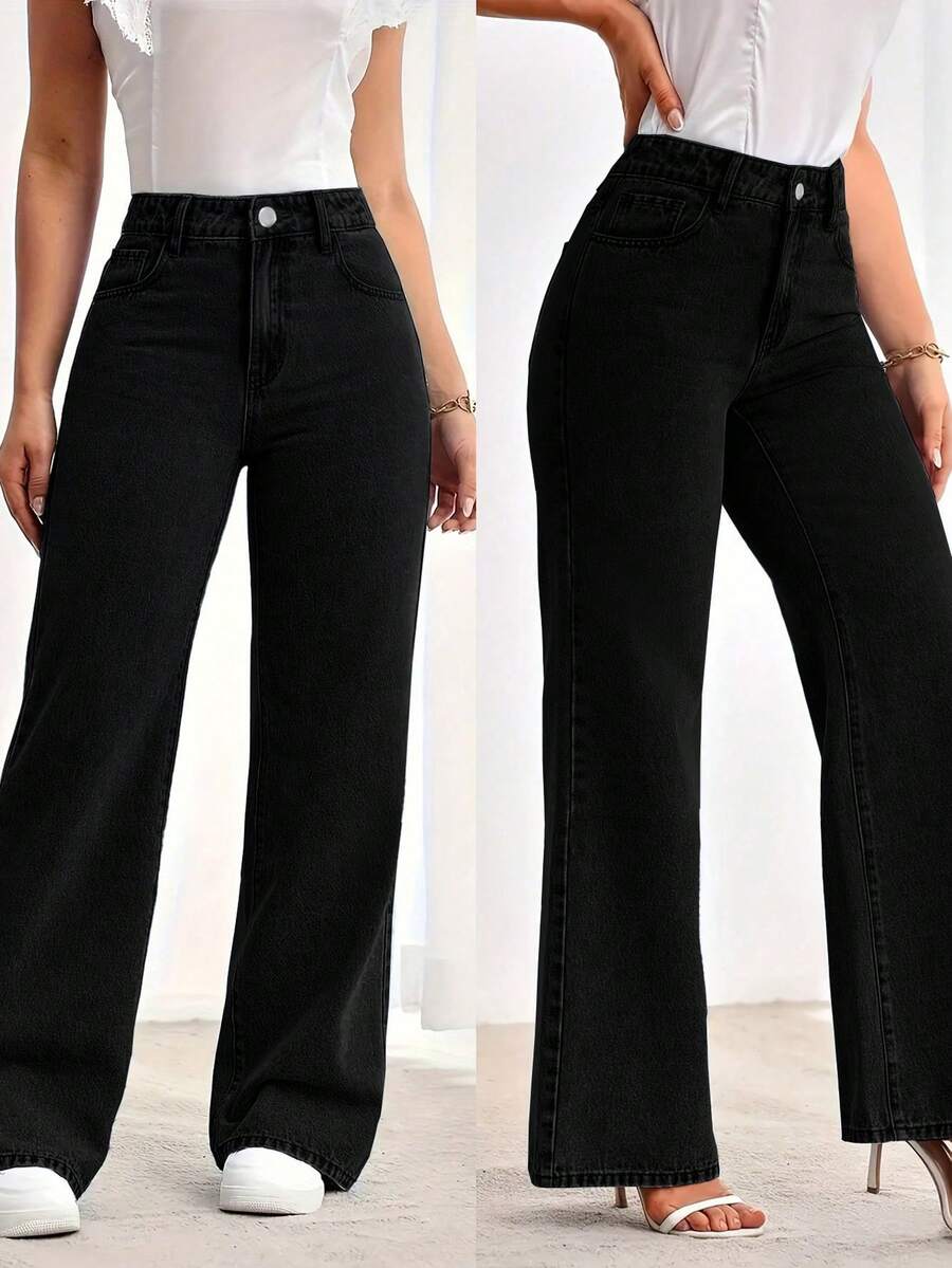 Womens Jeans, Women's Wear In Y2K Style Solid Color Wash Blue High-Waisted Jeans, Loose Diagonal Pocket Zipper Button Open And Close Jeans,  Women's Jeans And Clothing, Jeans>Pants, Suitable For All Seasons, With Multiple Pocket Designs, Religion>Clothes, Suitable For Outdoor Outfits, Cocktail Parties, Parties, Christmas, Nightclubs, Banquets, Film Festivals, Cinemas, Balls, Cocktail Parties, Bars, Weddings Graduation Ceremony, Homecoming, Birthday Party, Rebellious Girl, Holiday-Themed Party, Out Dress, Streetwear, Fashion Show, Date, Valentine 's Day, Out Work University, School Village, Concert, Street Girl, Girl, Country Outfits Women, Out Best Women, Ladies' Holiday Clothing, Country Concert Country Concert Outfit,New Years Outfit Women - 黑色 - 查看 1