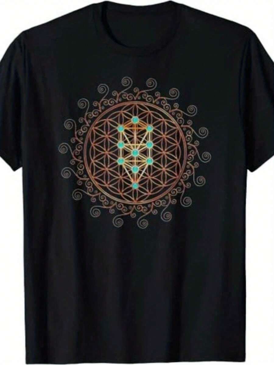 Camiseta de Hombre de Edición Limitada con Patrón de Geometría Sagrada - Diseño de Oro y Mandala, Camiseta Cómoda de Manga Corta y Cuello Redondo, Adecuada para Uso Diario y Deportivo - Negro - Ver 1
