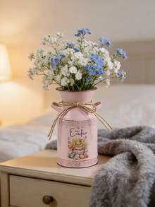 Easter Theme Pink Milk Jug Vase With Rabbit & Egg Pattern, American Farmhouse Style, Dried Flower Container, Home Decor, Living Room Decoration, Floral Arrangement, Tabletop Flower Pot - Pink - View 2