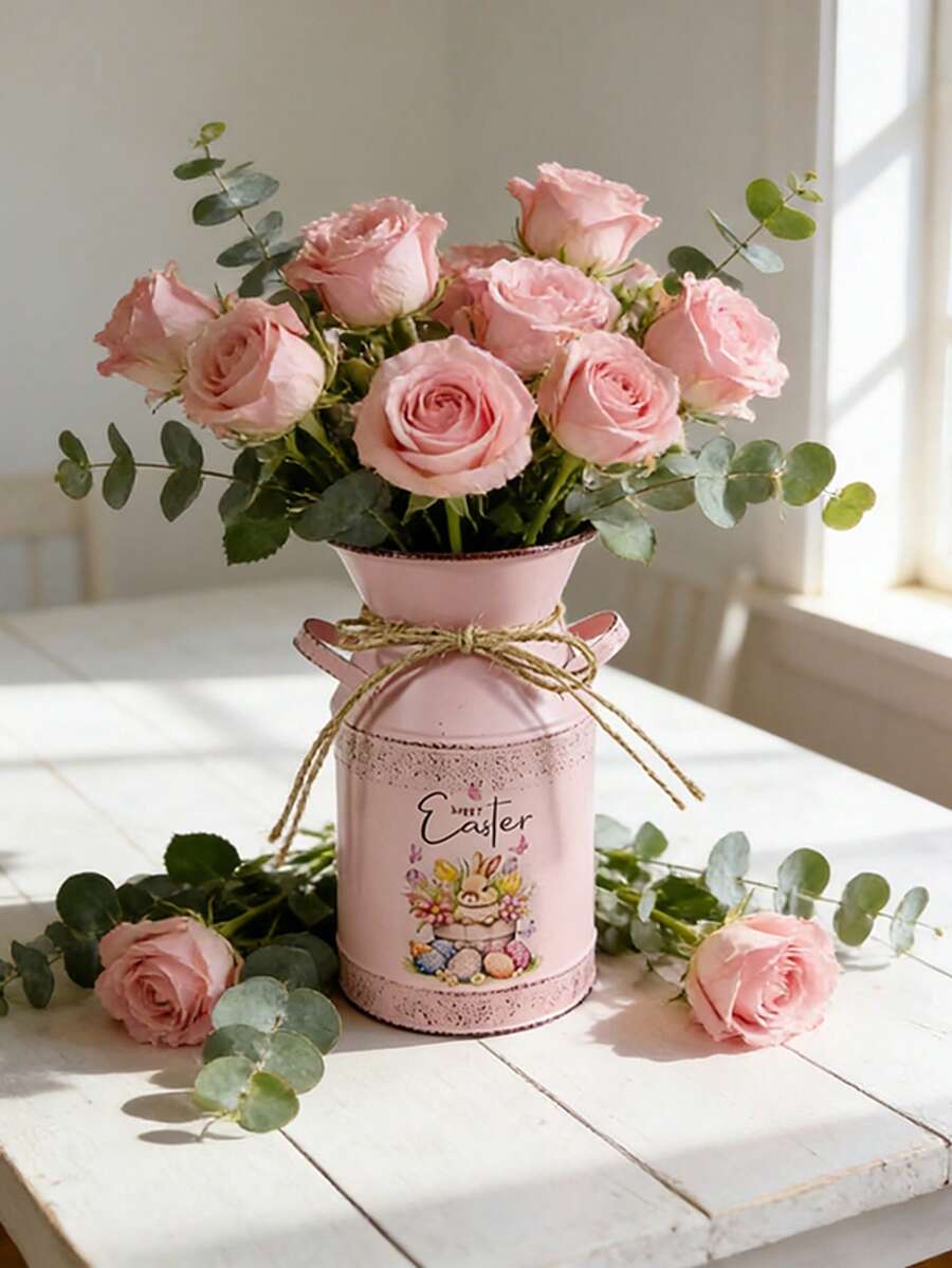 Easter Theme Pink Milk Jug Vase With Rabbit & Egg Pattern, American Farmhouse Style, Dried Flower Container, Home Decor, Living Room Decoration, Floral Arrangement, Tabletop Flower Pot - Pink - View 1