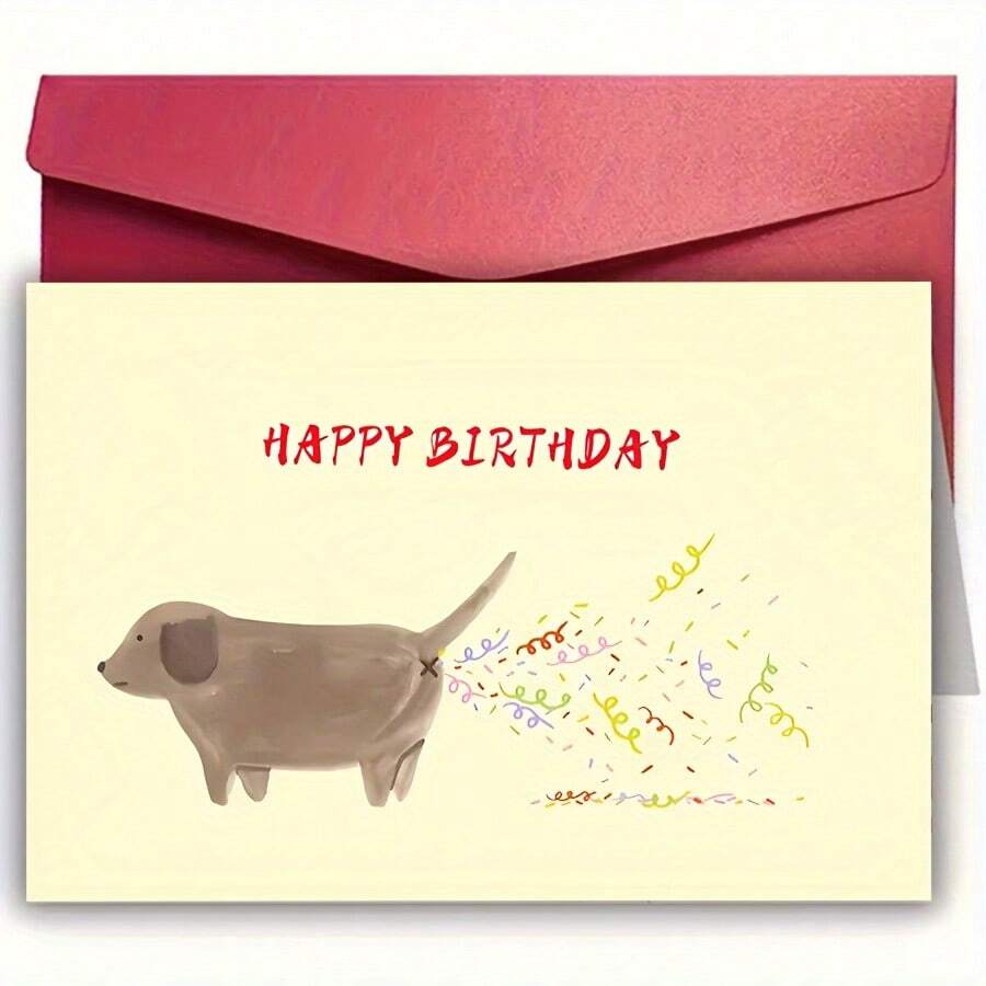 A Cartoon Dog Fantasy Birthday Card - Birthday Wishes, Unique Creative Design, Humorous Celebration Card, Suitable For Friends, Family, Classmates, Quirky Business Thank You Card, High-Quality Paper With Envelope - Red - View 1