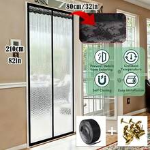 1pc Magnetic Self-Closing Door Curtain, Water Cube Design, Black Lace Decor On Top, No Drilling Quick Installation, Provides Privacy And Transparency. Weighted Bottom Hem For Smooth Draping, Convenient Partition For Bathroom And Other Spaces.