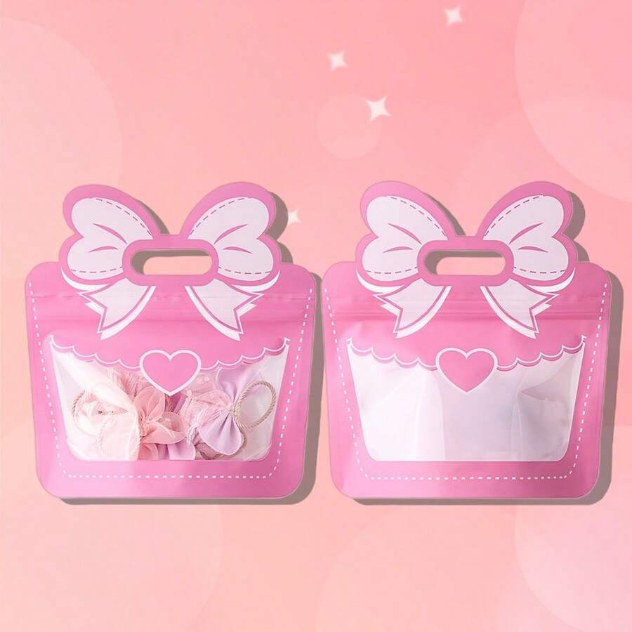 10pcs Spring Butterfly & Heart Shaped Packaging Bags, Transparent Reusable Cute Sealed Bags Suitable For Wedding, Birthday, Easter, Halloween, Valentine's Day, Christmas And Other Holiday Party Gifts - Pink - View 1