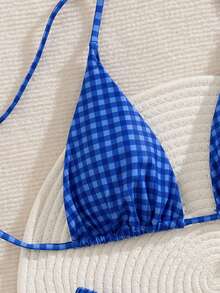 PEPPERMOLLY 新款格子柔软系带露背可爱比基尼，女士夏季沙滩时尚泳装套装度假 - 藍色1 - 查看 4
