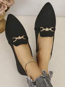 Women's Fashionable & Comfortable Black Pointed Toe Loafers With Metallic Leopard Head Decor, Elegant Flat Slip-On Shoes - Black - View 3