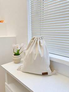 New Canvas Drawstring Backpack, Shoulder Bag With Pockets, Shopping/Student Bag, Back To School - Beige - View 5