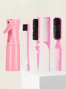 5件套美发梳套装：双面清洁梳、造型软毛空心梳、尖尾梳、蓬松梳、造型梳、200毫升连续细雾喷雾瓶、塑料细雾喷嘴，适用于发型设计和清洁。 - 彩色 - 查看 3