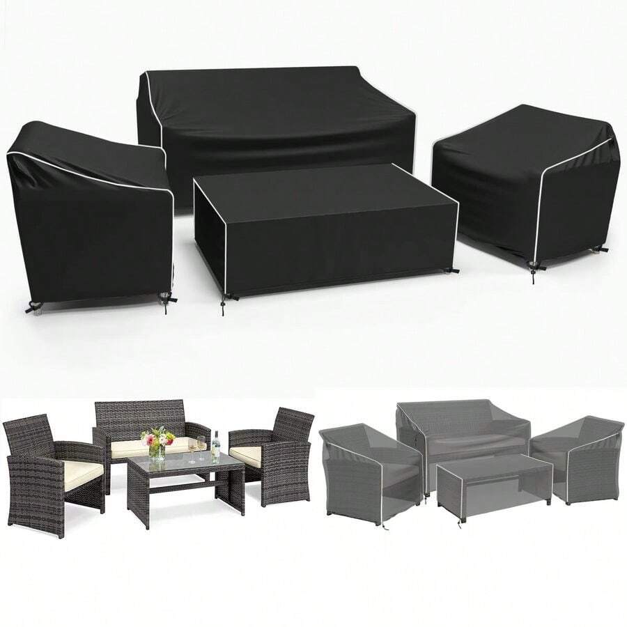 Funda Impermeable para Muebles de Exterior, 4 Piezas Fundas para Muebles de Patio para Loveseat de Patio, Silla y Mesa de Centro, Uso Rudo 600D, Negro - Costurasnegrasyblanc - Ver 1