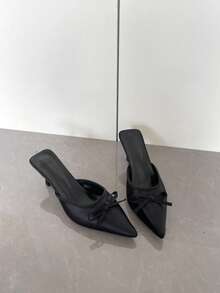 Fashionabla spetsiga tåsandaler med rosett, höga klackar för kvinnor, bekväma mångsidiga sandaler med stängd tå och rygglösa ryggar - Svart - Visa 3