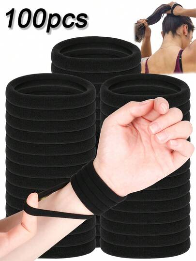 100 piezas Lazos de pelo elásticos gruesos y sencillos de moda, adecuados para uso diario y como regalo. Se pueden usar como lazos de pelo, sujetadores de coleta, diademas y diademas deportivas. Adecuado para mujeres y niñas, sujeta perfectamente el cabello largo. También adecuado para adolescentes. | Serie de lazos de pelo de moda | Lazos de pelo duraderos (Opciones de 100/50/20/1 pieza)