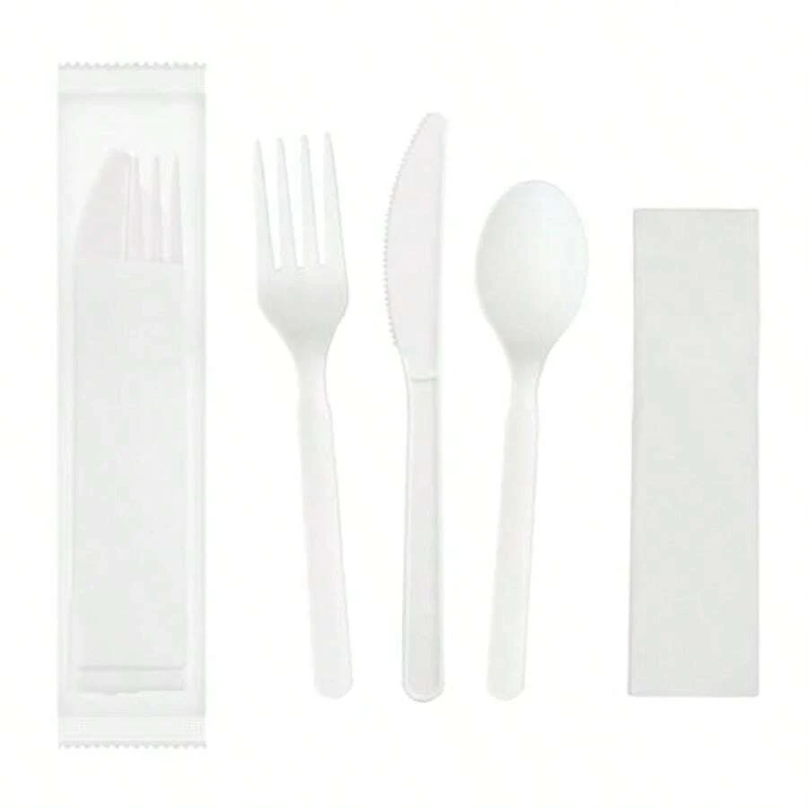 6" Compostable CPLA Cutlery Kits BPI Certified 200 Sets Fork Spoon Knife Napkin 4 In 1 Individually Wrapped With Compostable Bags Alternative To Plastic Disposable Utels - 自然的 - 查看 1