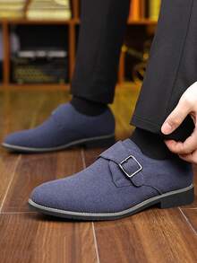 Men's New Leather Shoes, Fashion Suede Pointed Toe Slip-On Casual Dress Shoes, Gentleman Style - Blue - View 3