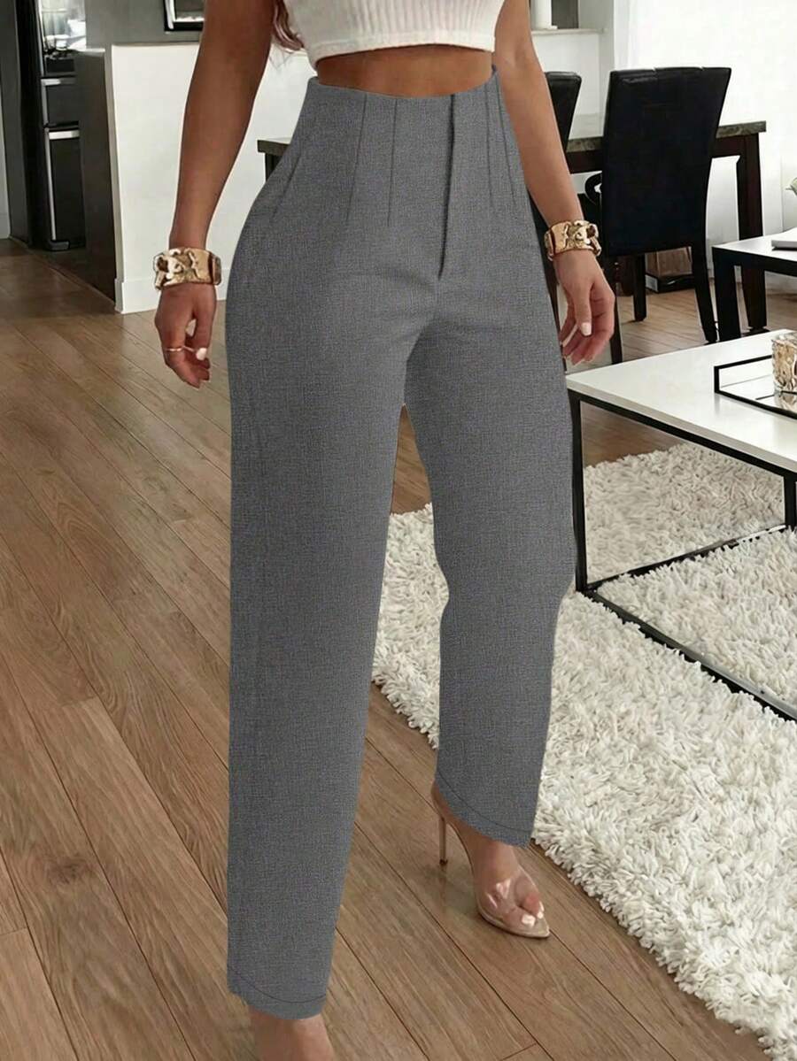 Pantalones ceñidos elegantes de oficina con bolsillos plisados laterales para mujeres - Gris - Ver 1