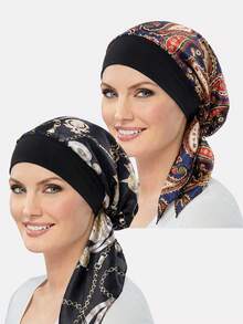 Feather Print Head Wrap Silk Bonnet Satin Bonnet Hair Sleep Cap - Multicolor - View 12