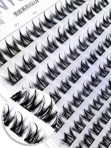 100片自然柔软假睫毛，无需胶水，适合初学者，可爱卡通宠物睫毛，三段式C型卷翘假睫毛，睫毛簇，单根假睫毛，假睫毛 - 黑色 - 查看 2