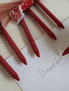 6pcs/Set Random Style Red Barrel Push Button Pen With Heart & Bear Design, Black Ink, Valentine's Day & Thanksgiving Writing Series - Red - View 6