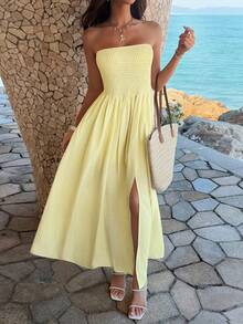PoPoHouse 女士优雅浪漫褶皱性感修身无肩带黄色长裙，适合情人节约会、日常休闲、海滩旅行、婚礼派对、春夏穿着。 - 黃色 - 查看 10