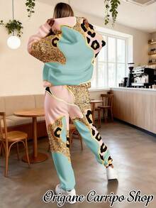 Plus Size Women'S Pink Leopard Golden Glitter Teal 3D Printed Full-Body Animal Print Sports Suit - Oversized Hooded Sweatshirt & Drawstring Waist Joggers Two-Piece Set, Loose-Fit Winter Warmth Gym & Casual Outfit, Comfortable Athletic Wear With Glit - 風格 - 查看 3
