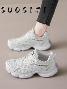 Women's Thick Mesh Increase Height Outdoor Non-Slip Lightweight Fashionable Casual Sports Running Shoes, Autumn - White - View 5