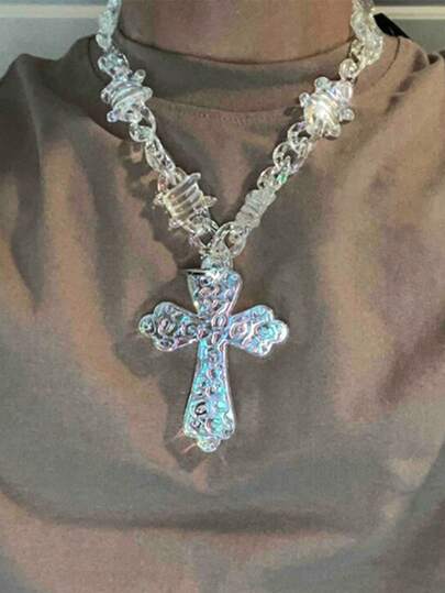 1pc Punk Style Transparent Acrylic Cross Necklace For Men, Suitable For Daily Wear And As Birthday Gift For Boyfriend