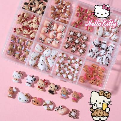 SANRIO Bộ 120 miếng/12 kiểu trang trí móng tay hoạt hình, 12 miếng dán móng tay hình mèo in họa tiết da báo đính đá mini.