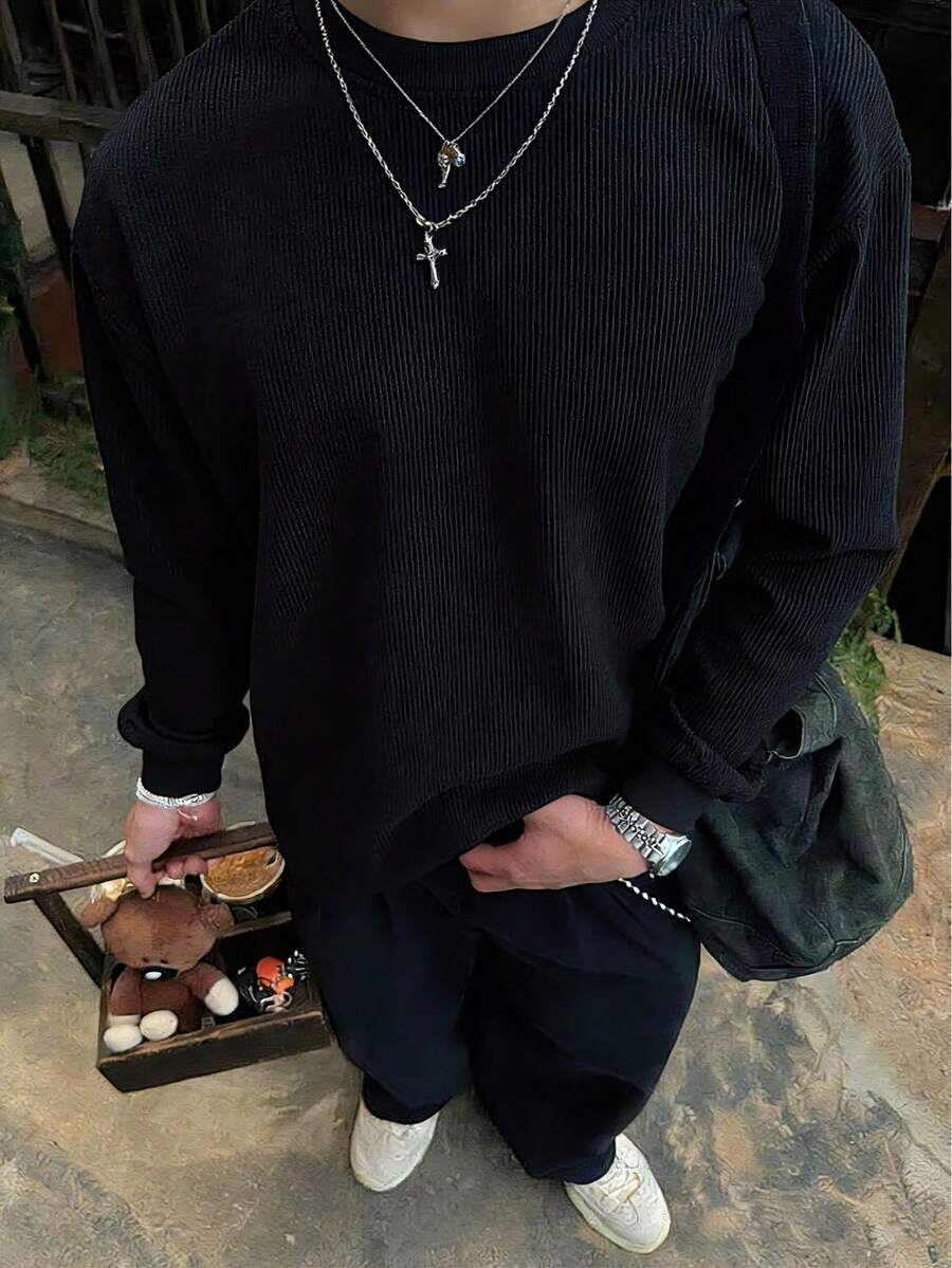 Men's Corduroy Crewneck Sweatshirt Spring/Autumn Solid Color Casual Versatile Long-Sleeve Pullover Sports Shirt Comfortable Fabric Round Neck - 黑色 - 查看 1