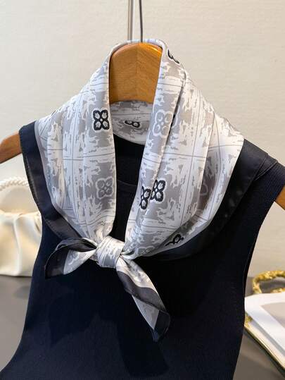 1 Pc French Style Geometric Diamond Pattern Light Luxury Print Hijab Thin Sunscreen Shawl Women Hair Kerchief Imitation Silk Square Scarf Handbag Bandana Suitable For Beach, Street, Daily, Vacation,Decoration Ribbon.