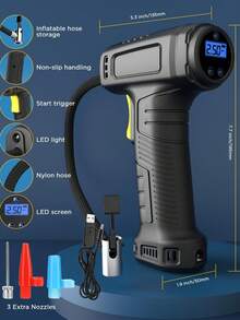 150 PSI 便攜式充氣機，附數位胎壓計、自動充氣泵與 LED 燈；12V 車用充氣機，適用於摩托車、自行車與球類；有線款（無電池）僅限汽車使用 7.4V 2000mAh - 黑色 - 查看 1