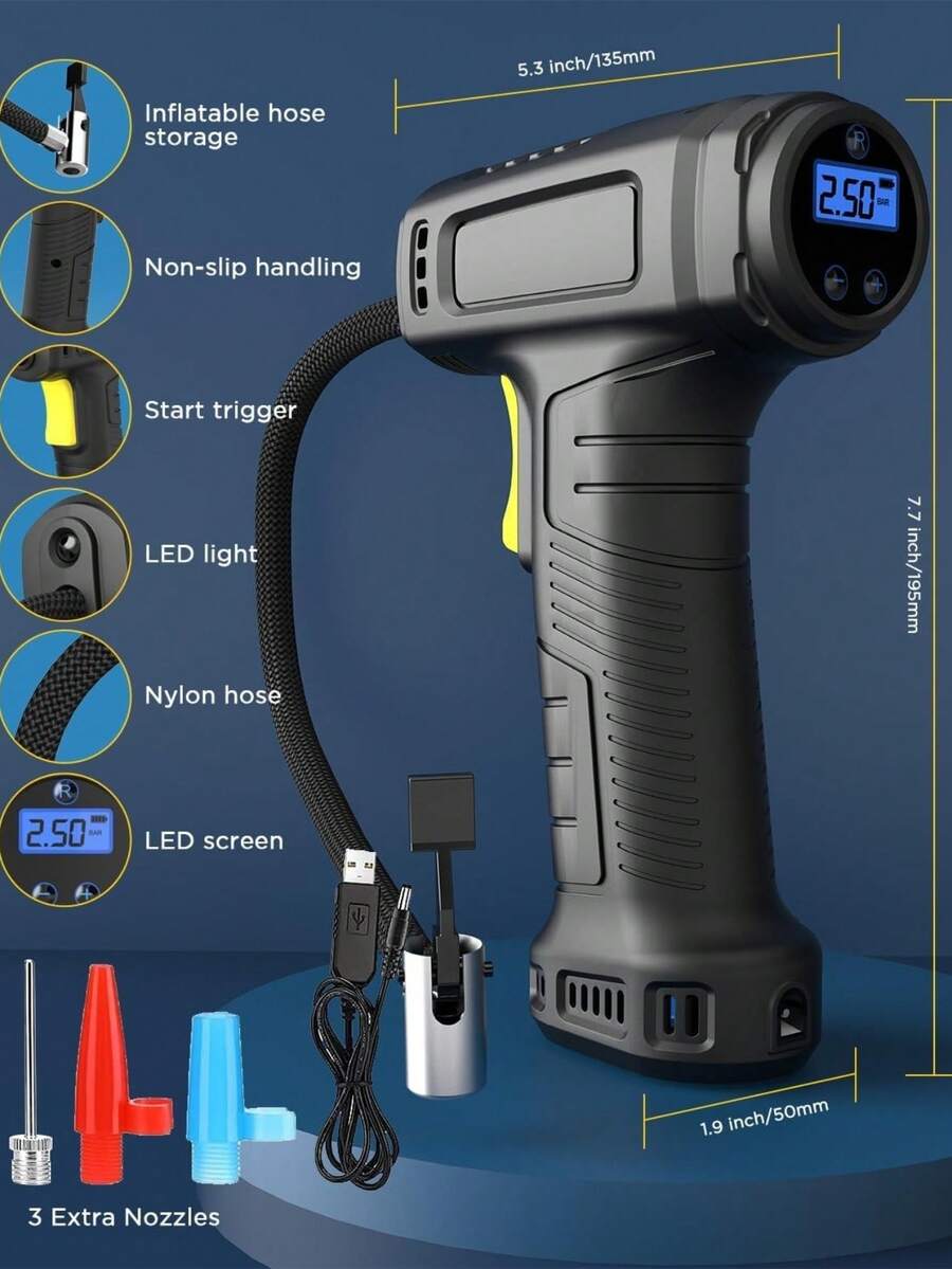150 PSI 便攜式充氣機,附數位胎壓計、自動充氣泵與 LED 燈;12V 車用充氣機,適用於摩托車、自行車與球類;有線款(無電池)僅限汽車使用 7.4V 2000mAh - 黑色 - 查看 1