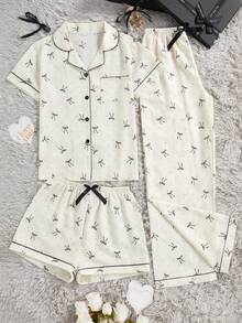 Conjunto de pijama de 3 piezas con top de manga corta con bolsillo y estampado de mariposas y puntos, y pantalones/shorts casuales y sueltos para mujer, primavera/verano - Beis - Ver 3