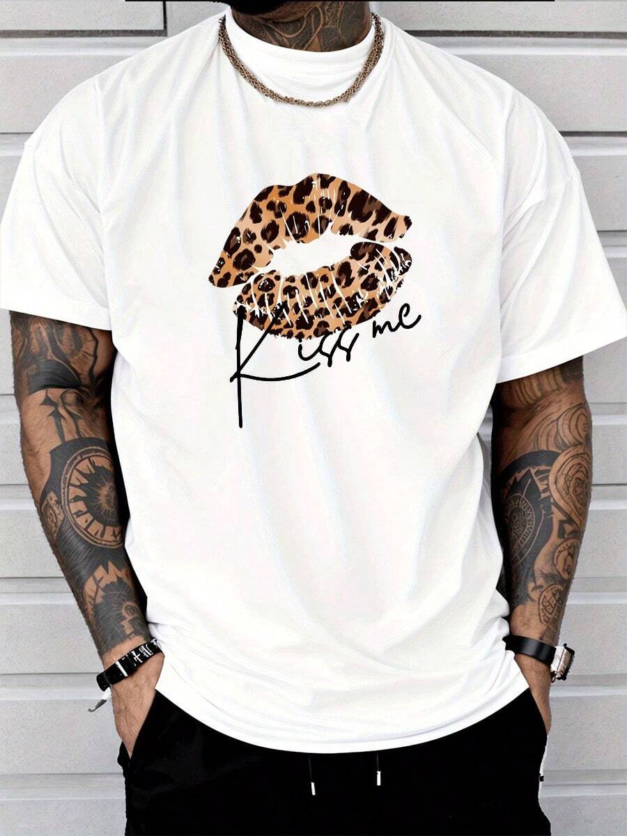 Vesper Canvas Simple Casual T-Shirt | 100% Cotton | Breathable Short-Sleeved Crew Neck T-Shirt | Red Leopard Print Lips Pattern | Suitable For Spring, Summer, And Autumn Travel, Beach, Parties, And Dates - Valentine's Day Gift, Unisex T-Shirt - 白色 - 查看 1