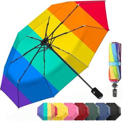 Paraguas compacto de viaje, resistente al viento, toldo reforzado, mango ergonmico, apertura y cierre automtico de varios colores, Arcoiris Rainbow, Talla nica