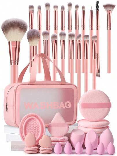 43PCS Makeup Tools Set Including:20PCS Makeup Brush Set+1pc Multi-Functional Zipper Toiletryand Cosmetic Bag Waterproof+3PCS Circular Powder Puffs+3PCS Triangle Powder Puffs+1PCSMakeup Brush Cleaning Tools+6PCS Mini Air Cushion Powder Puffs+6PCS Mini MakeupSponges+3PCS Makeup Sponges,All-In-One & Beginner-Friendly|Travel-Ready & Gift-Ready |Perfect For Newbies/Her