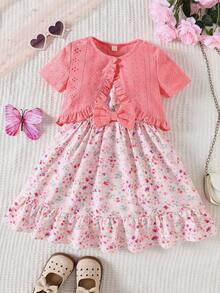 女童春夏针织镂空露脐上衣和印花蝴蝶结无袖连衣裙两件套休闲装 - 粉色 - 查看 3